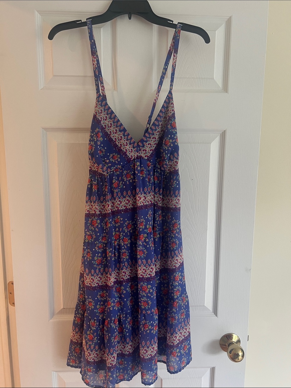 Mossimo Supply Co. Blue Floral V-Neck Tiered Mini Dress